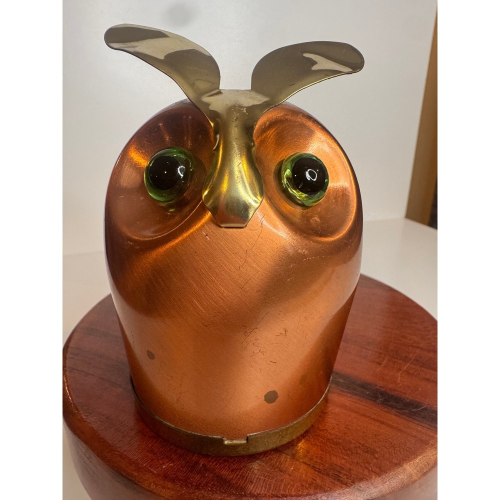 Vintage‎ 1960s Coppercraft Guild Owl Coin Bank Green Glass Eyes MCM Decor